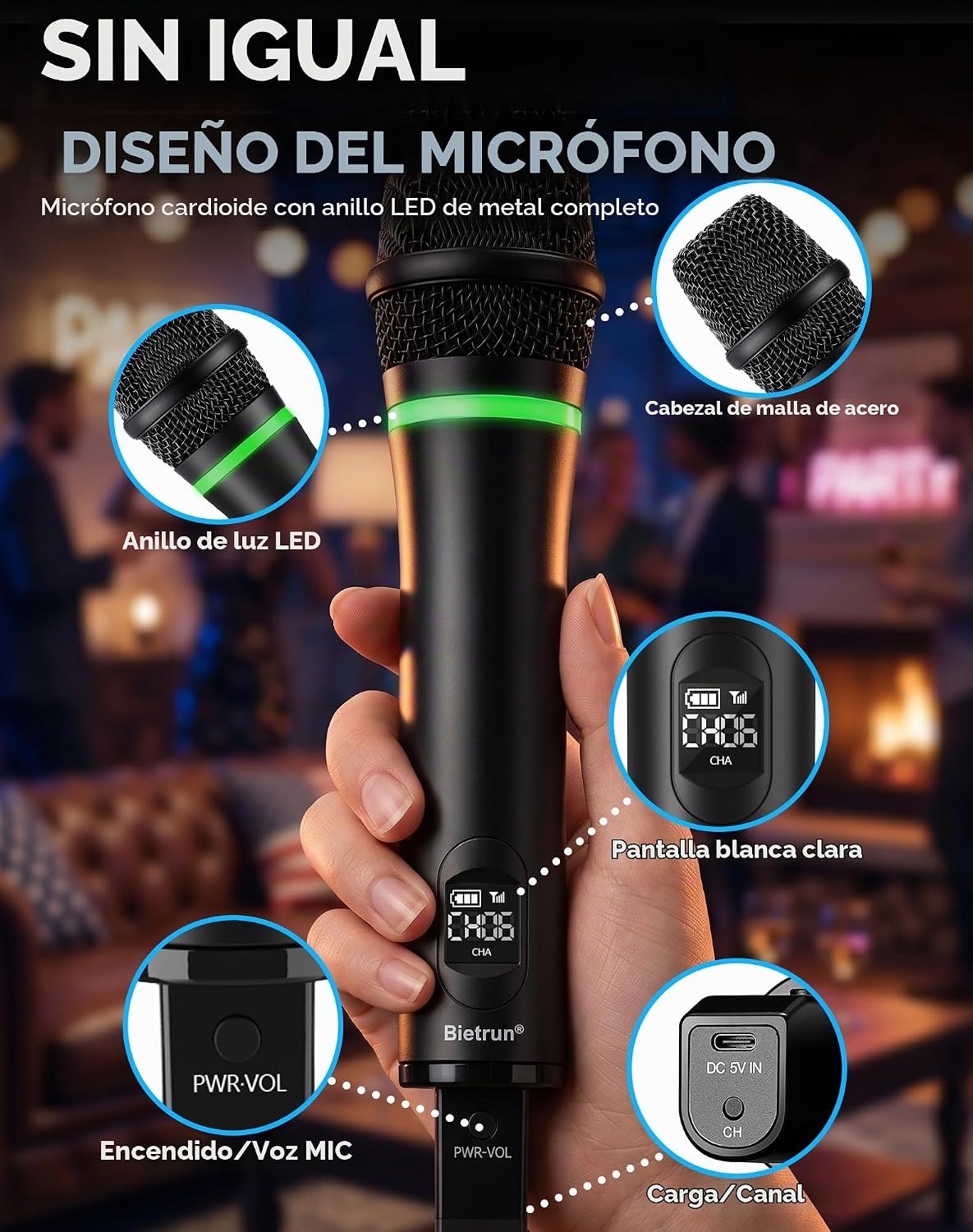 Bietrun Micrófono inalámbrico recargable, micrófonos inalámbricos d...