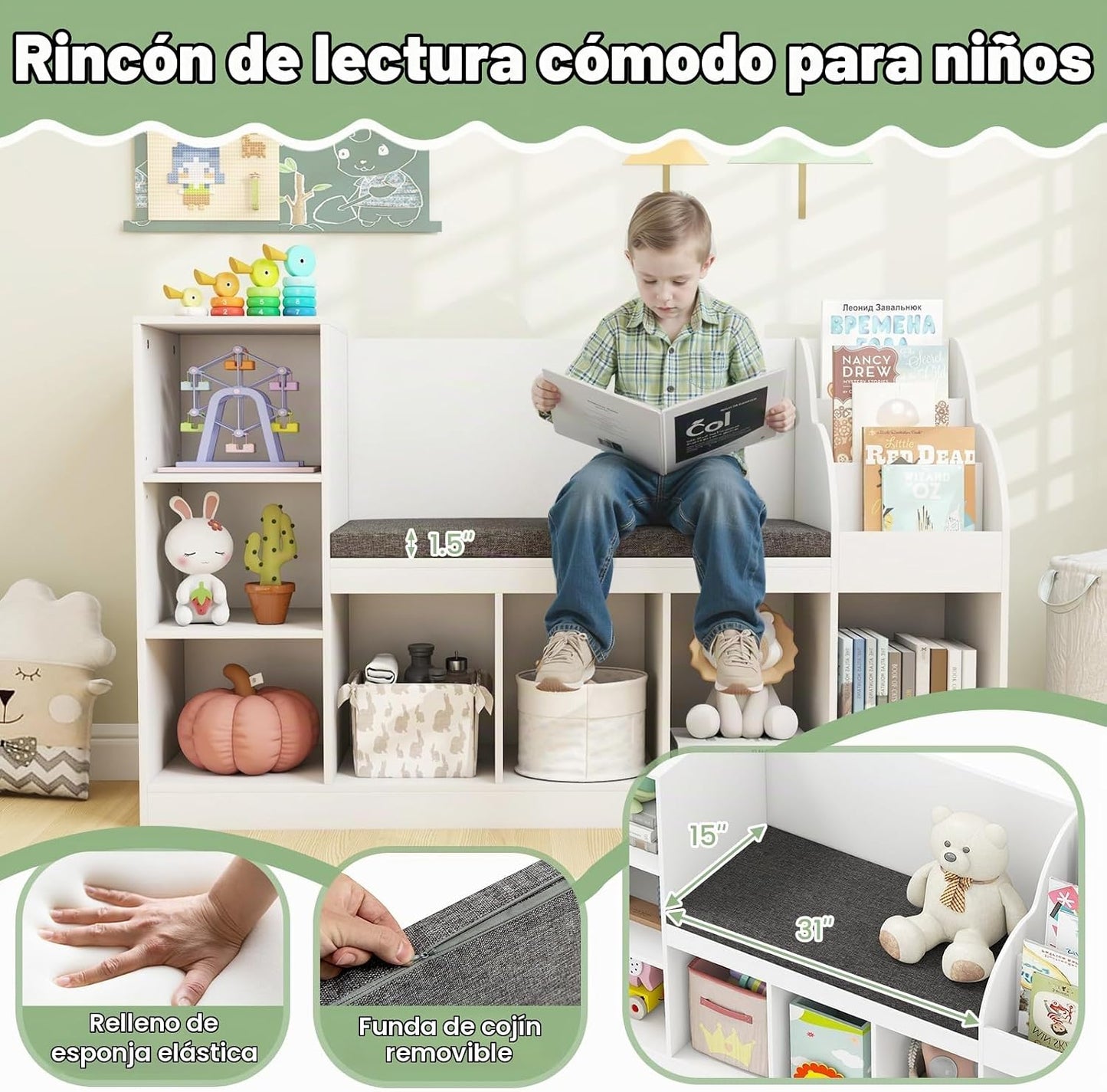 Costzon Estantería infantil de 53.5 pulgadas con rincón de lectura,...