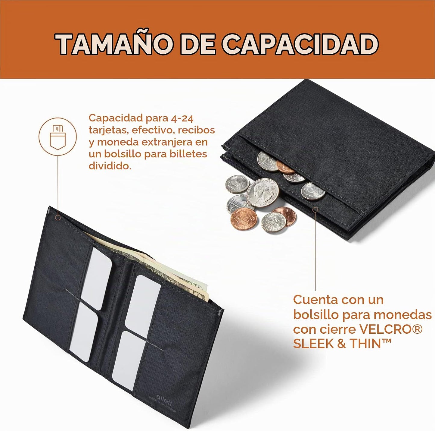 Allett Monedero 2.0, bloqueo RFID delgado (nailon, negro azabache)...