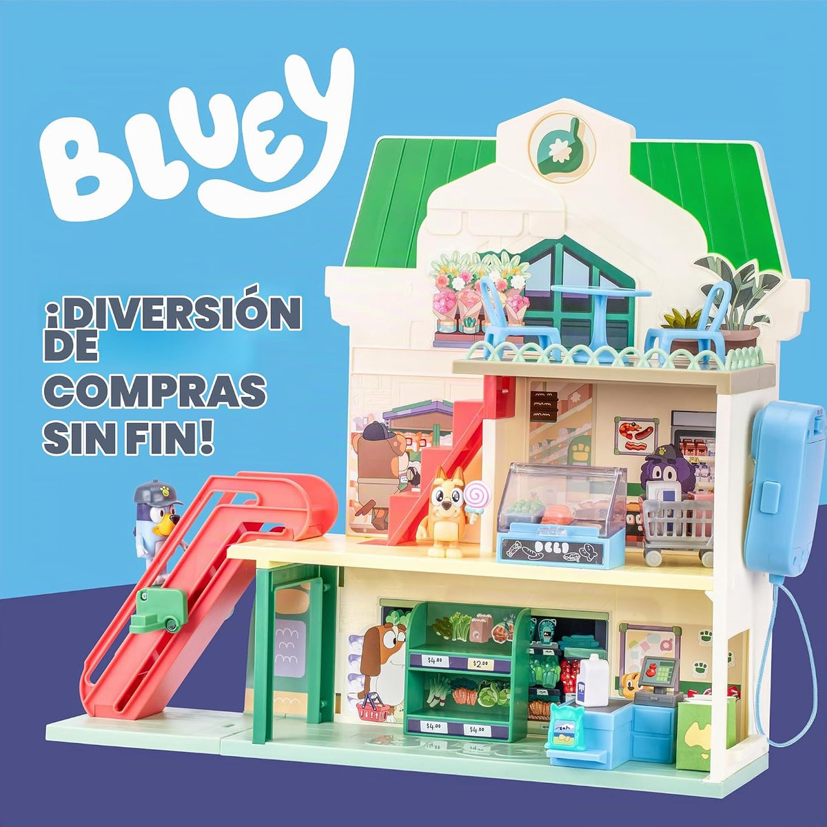 Bluey y juego de supermercado de bingo, escaleras mecánicas y sonid...