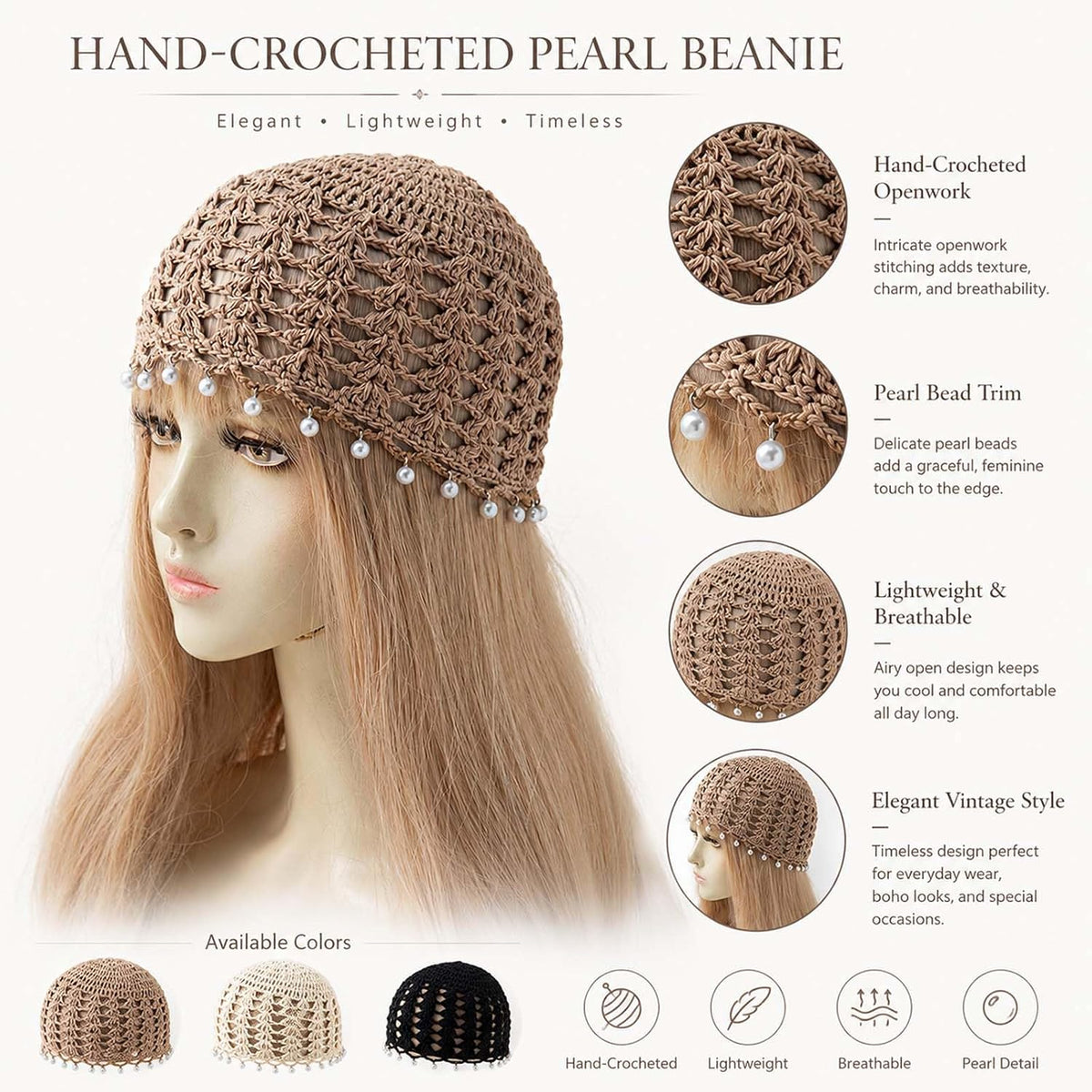 Lyfange Sombrero de ganchillo de perlas para mujer, hecho a mano, d...