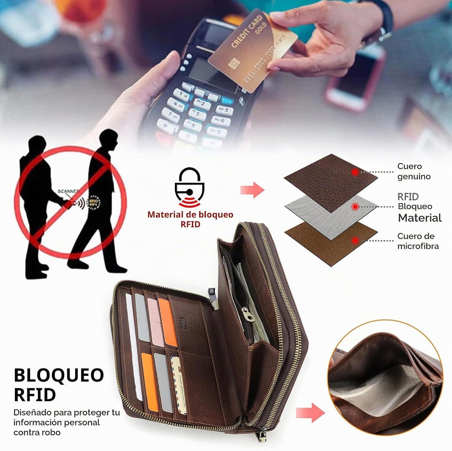 Cartera de cuero genuino de grano superior con cremallera para homb...