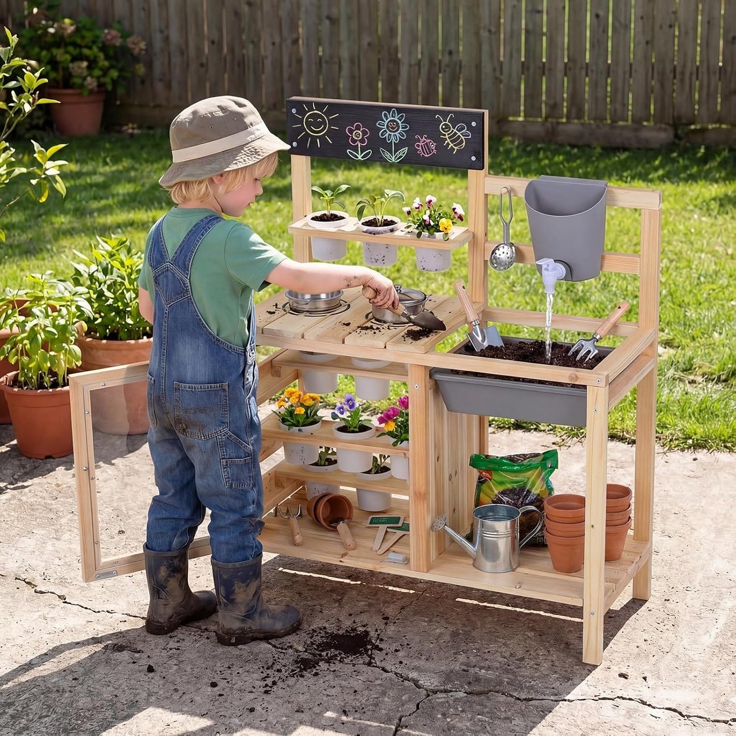 Costzon Cocina de barro, banco de madera para macetas para niños co...