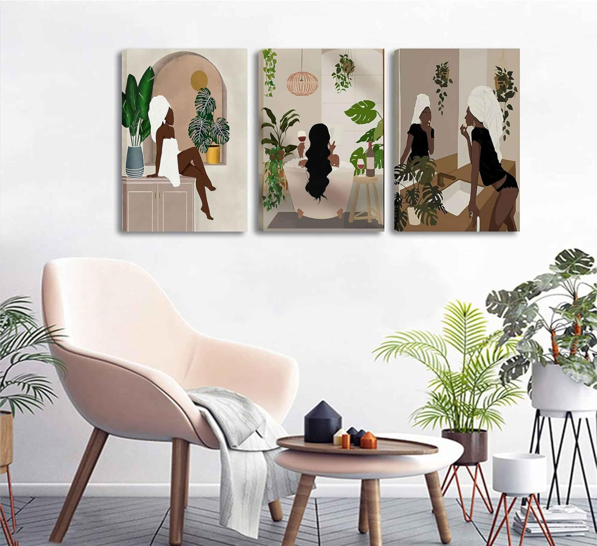 WSTUKVV 3 piezas de arte de pared de baño de niña negra, estilo boh...
