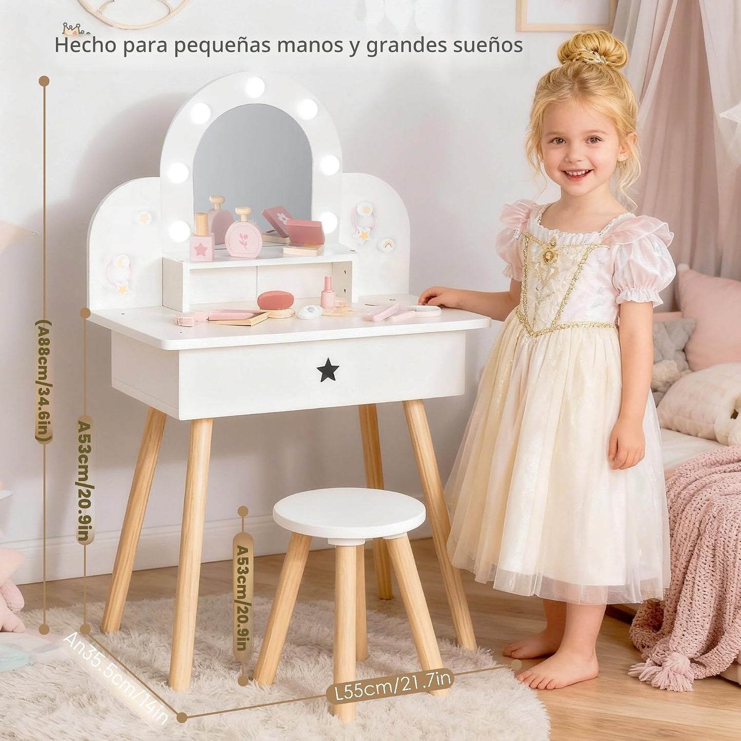Leeshyah Juego de Tocador para Niñas con Espejo de Luz de 3 Colores...