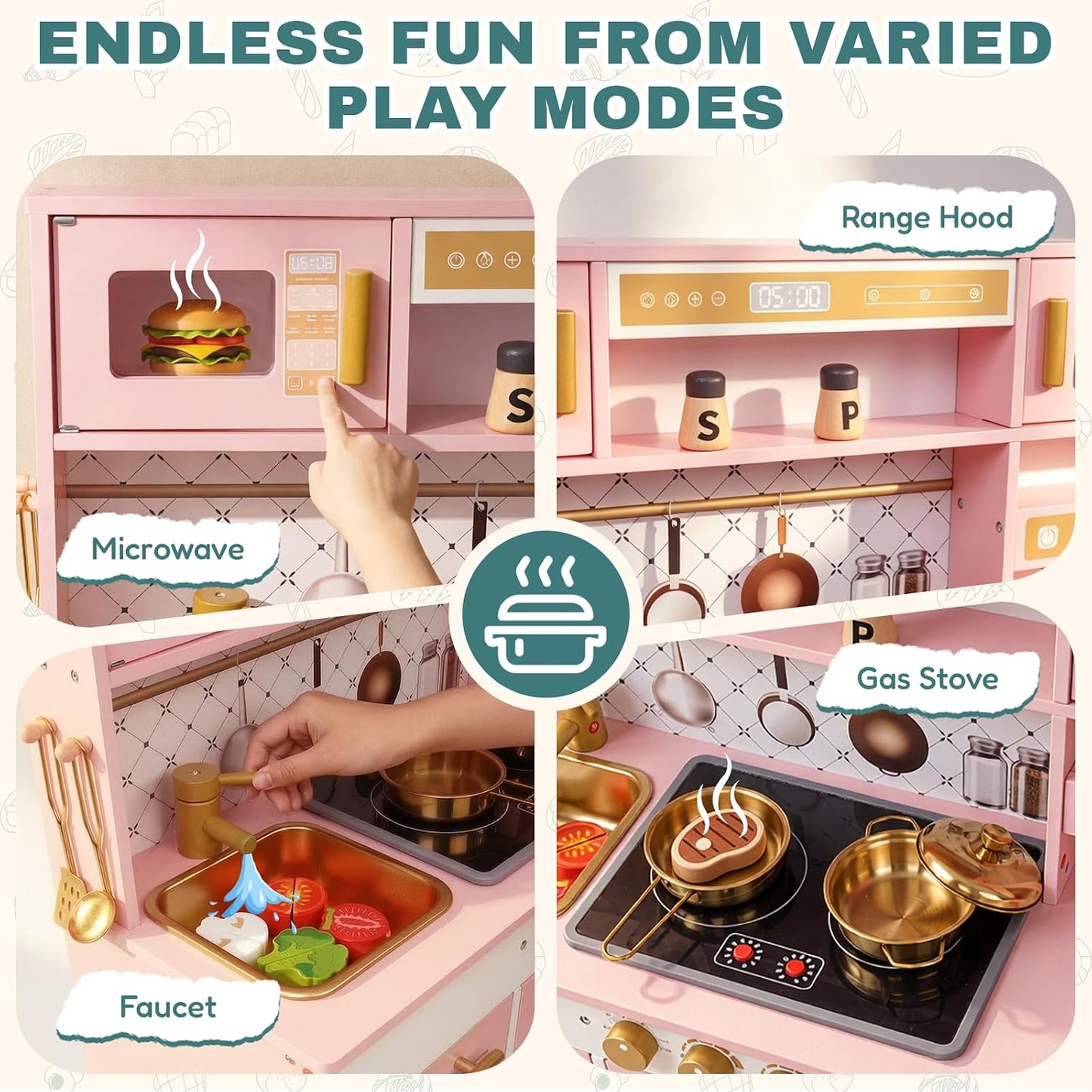 Cocina de madera para niños, moderno juego de cocina blanca con est...