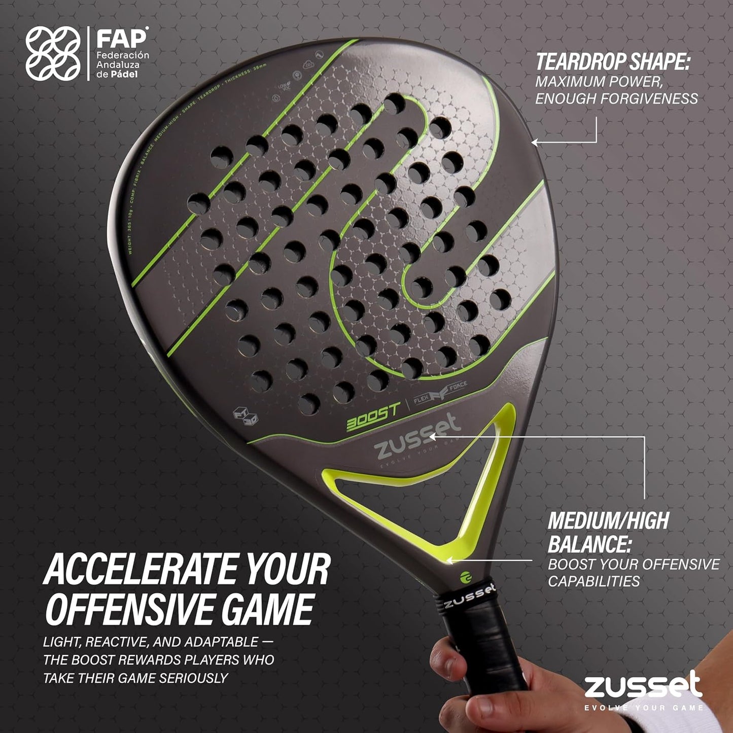 ZUSSET Pala Pádel Boost 2025 | Pala Padel Forma de Lágrima | 365gr...