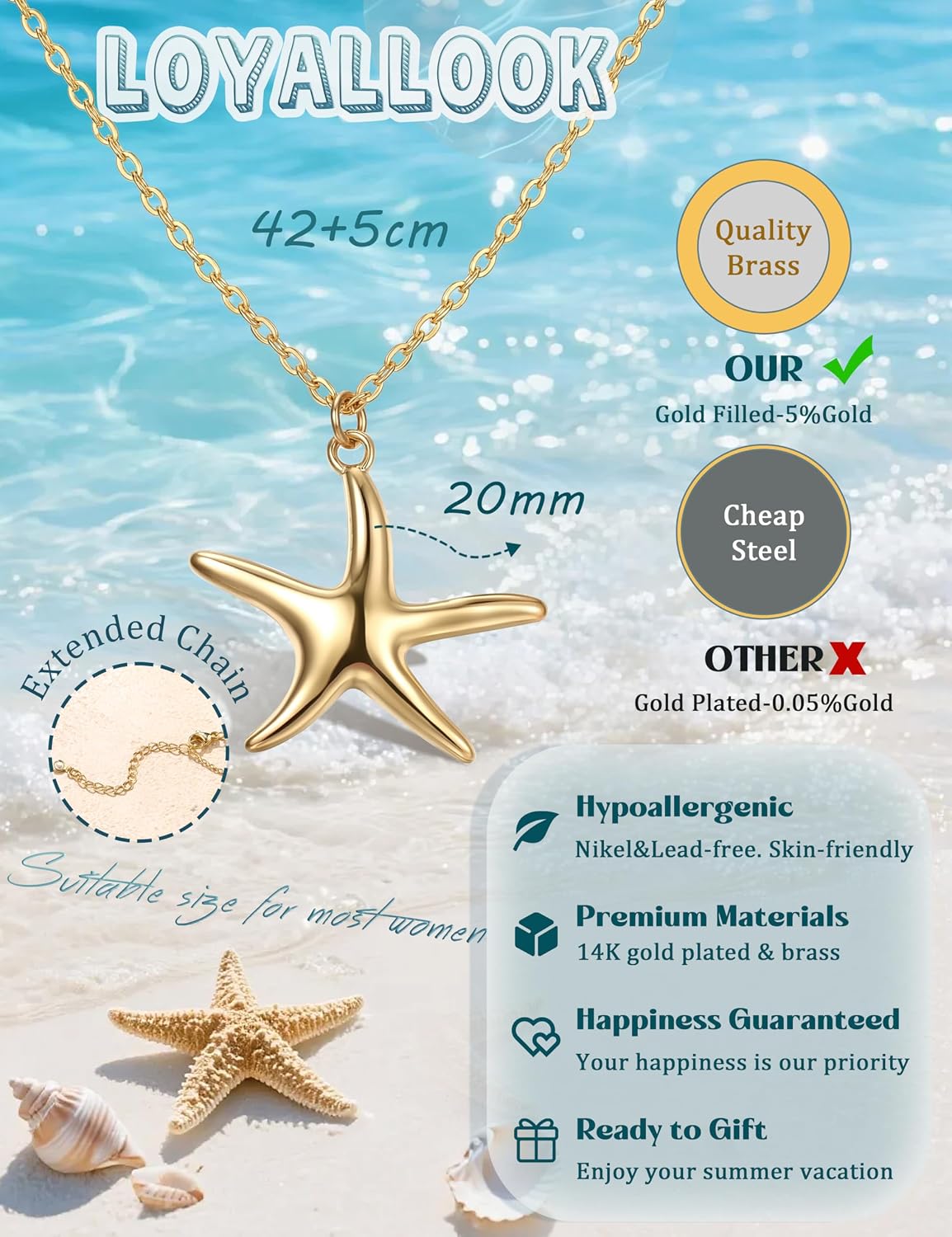 LOYALLOOK Collar de estrella de mar de concha para mujer, chapado e...