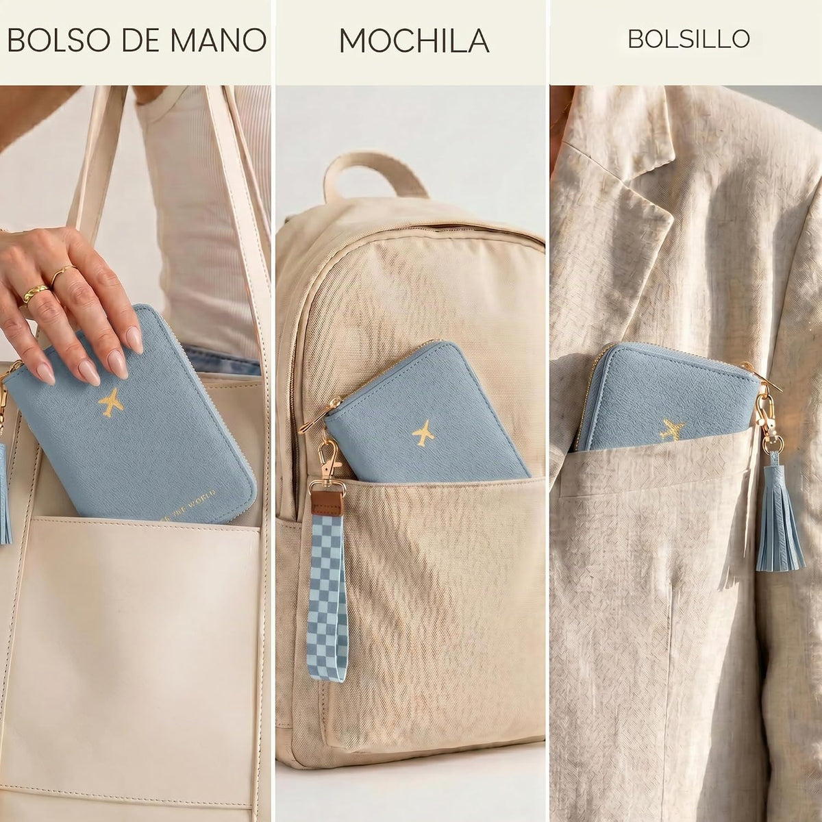 Hermoso soporte para pasaporte y cartera de viaje con correa de muñ...