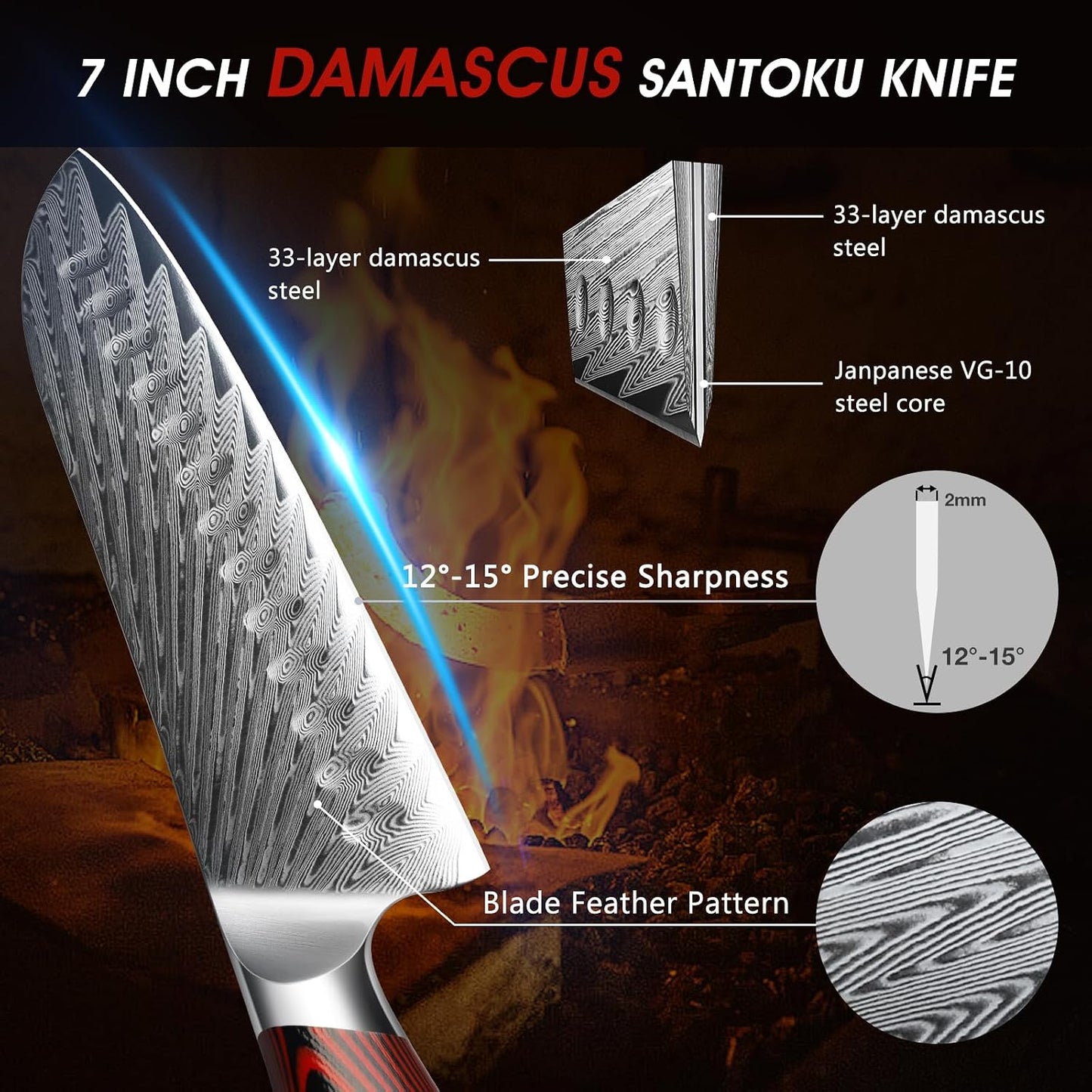 HOSHANHO Cuchillo Santoku de Damasco, cuchillo de cocina japonés pr...