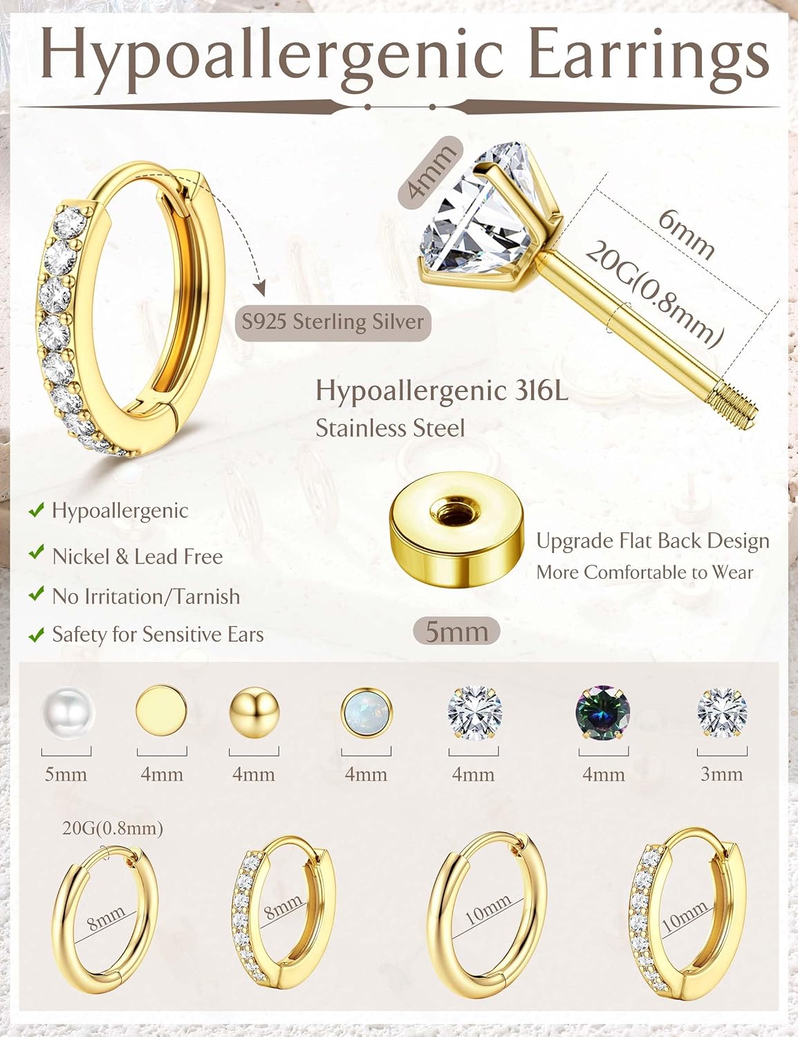 Jstyle Aretes de tuerca con aro hipoalergénicos para mujer, pequeño...