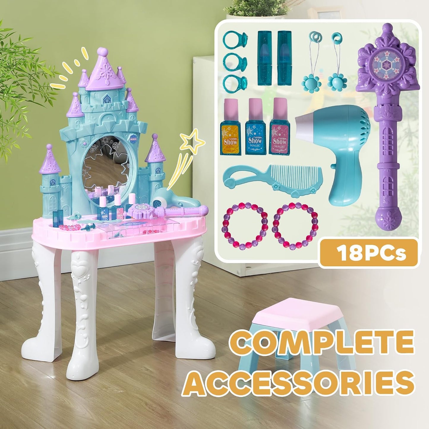 Qaba - Juego de tocador infantil con espejo y taburete para niñas d...
