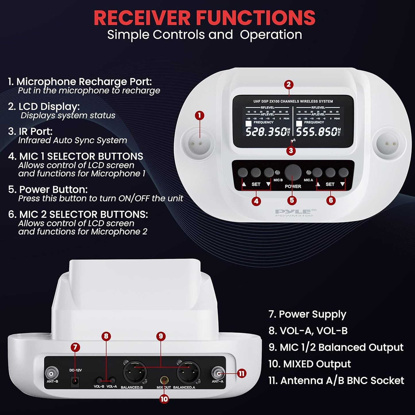 Pyle Sistema de micrófono inalámbrico UHF - Receptor Bluetooth con...