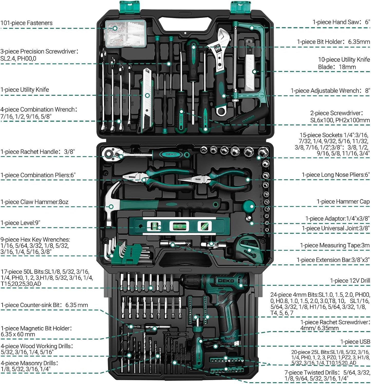 Juego de herramientas: Kit de herramientas con taladro inalámbrico...
