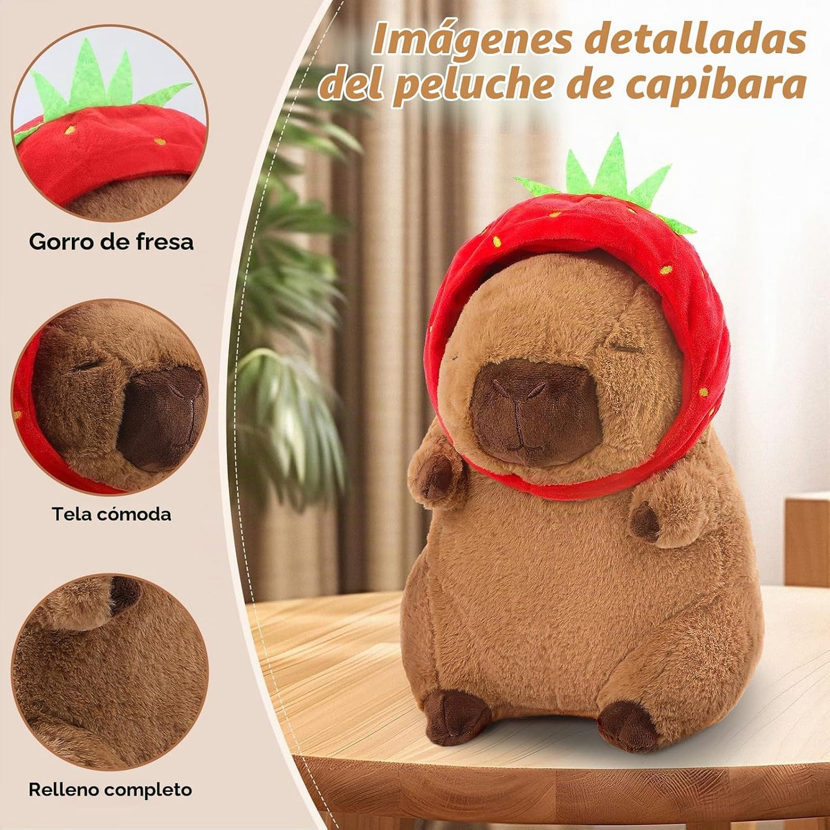 SHINUOER Lindo peluche de Capibara con sombrero de fresa de 12 pulg...