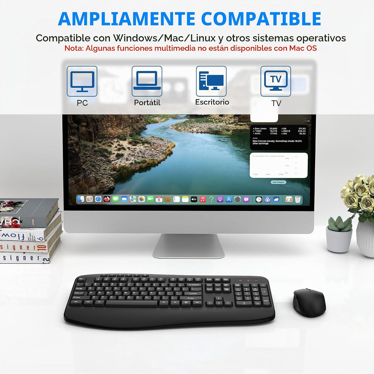 EDJO Combo de teclado y mouse inalámbricos, teclado ergonómico de c...