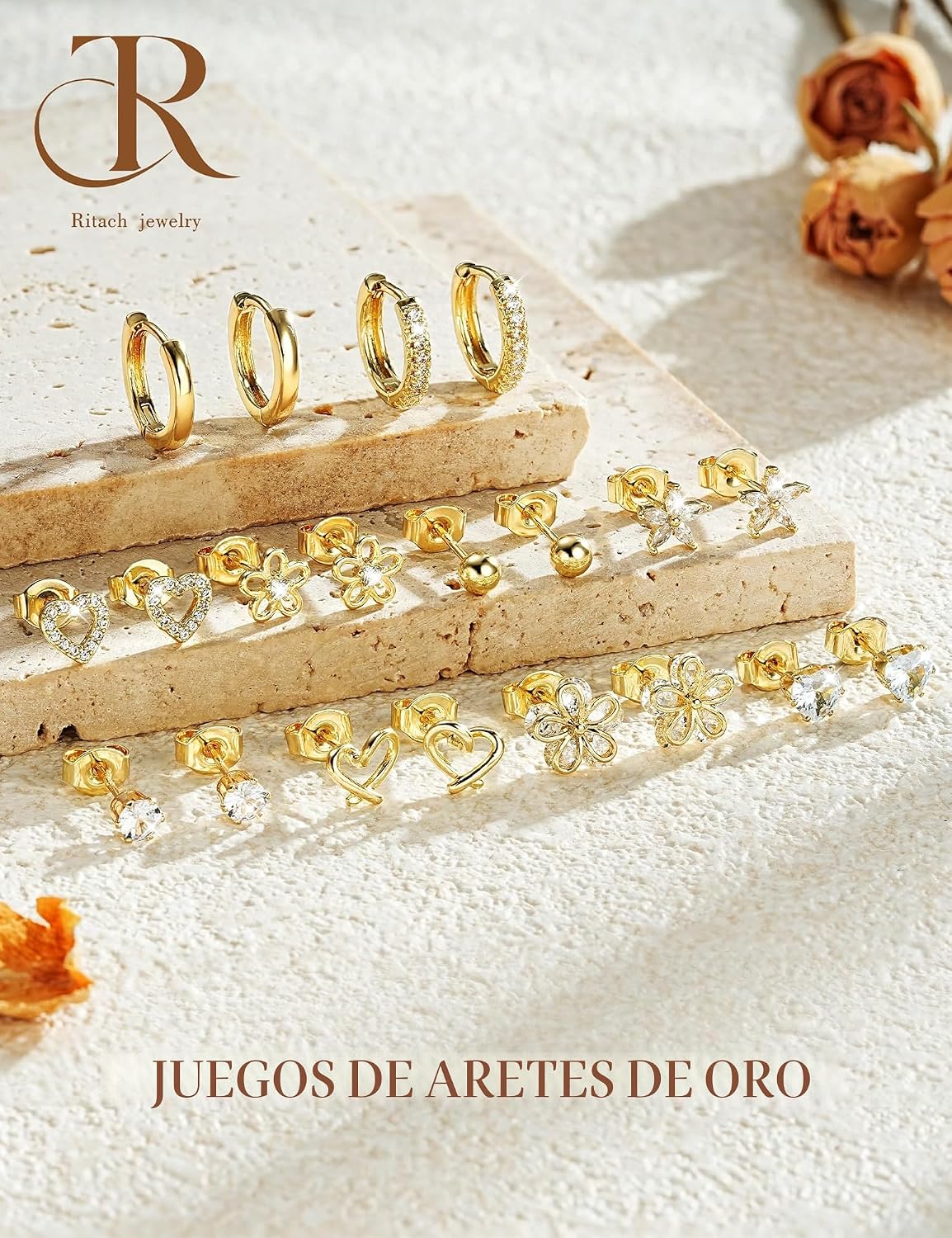 Juego de aretes pequeños de oro para mujer, chapados en oro de 14 q...