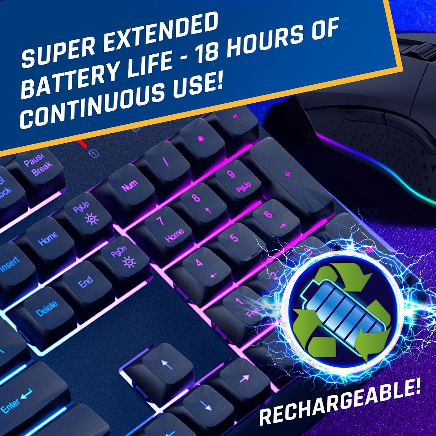 KLIM Teclado y mouse inalámbricos Chroma - Combo de juegos con retr...