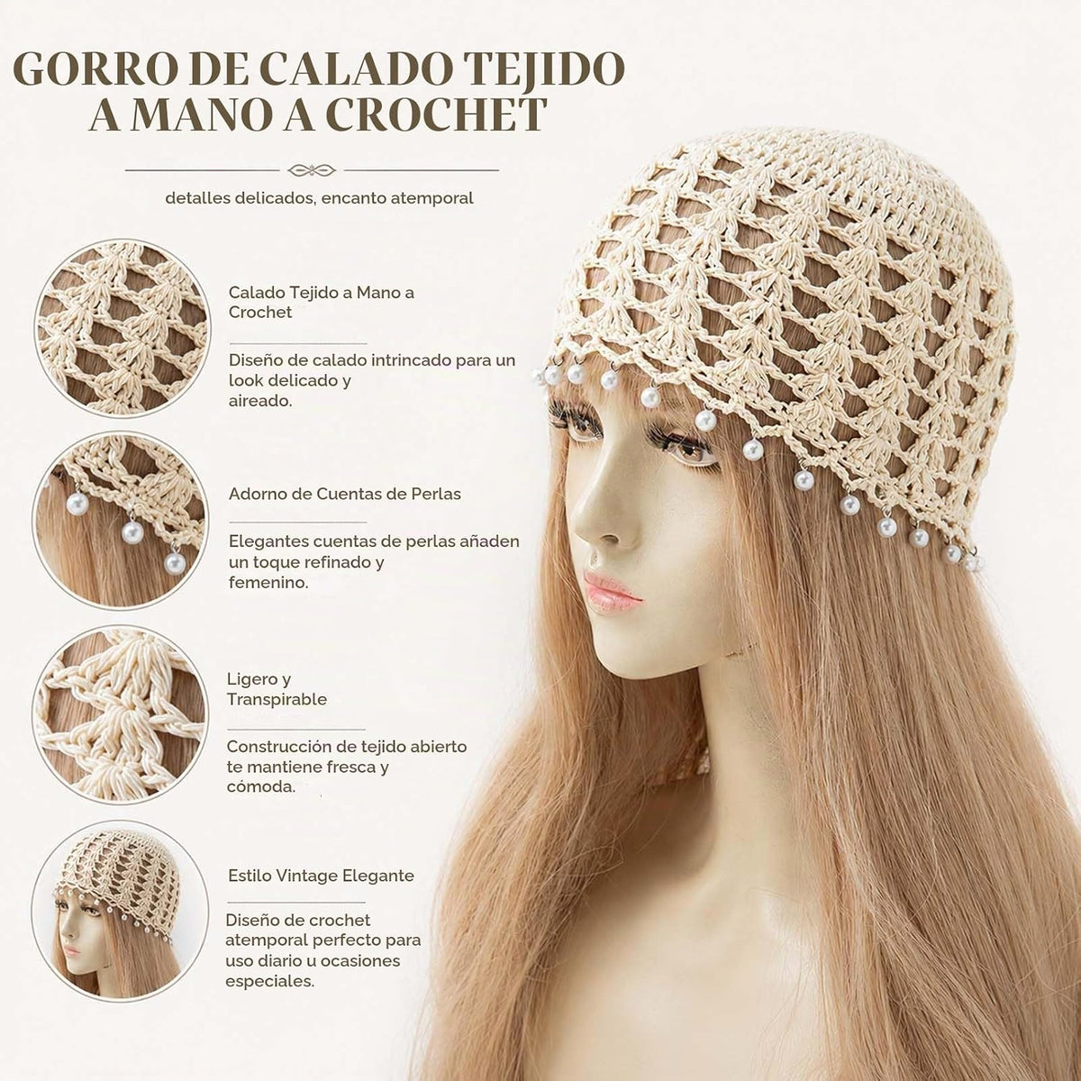 Lyfange Sombrero de ganchillo de perlas para mujer, hecho a mano, d...