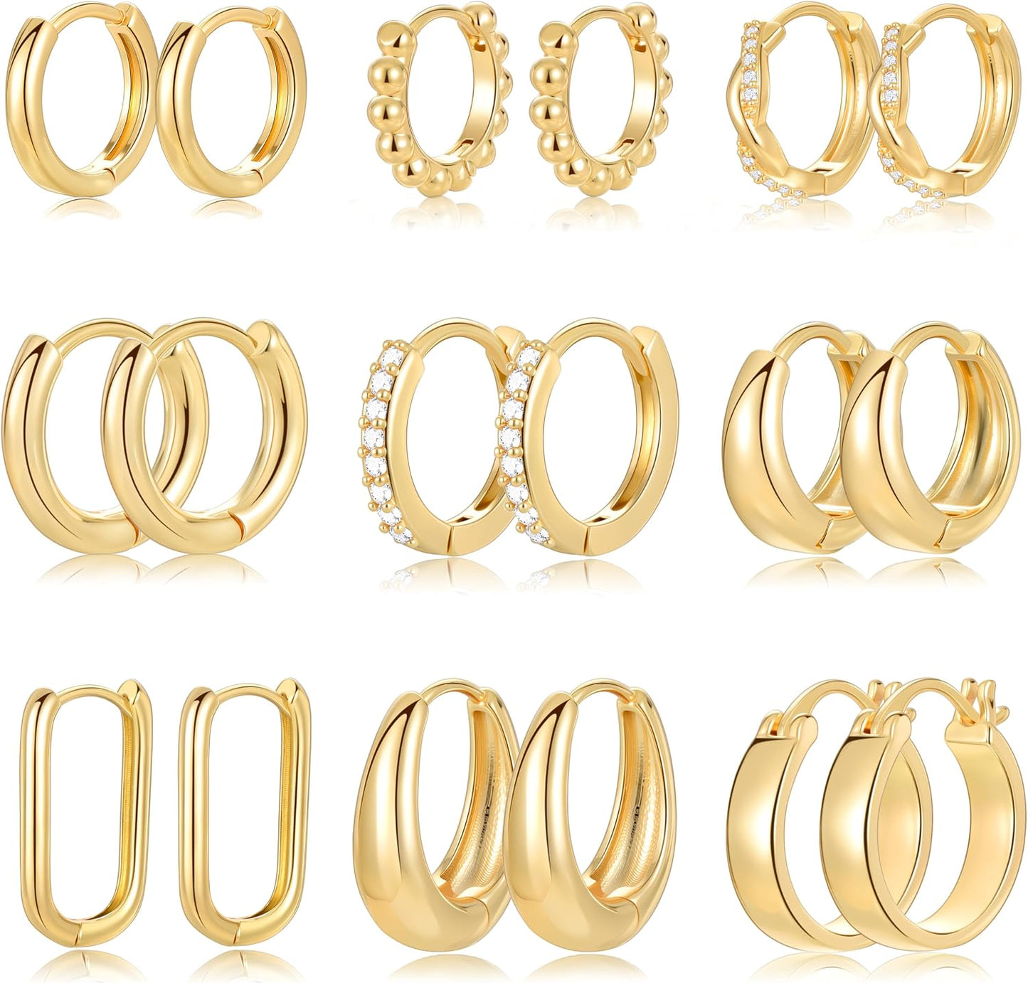 Juego de 9 pares de aretes pequeños tipo aro huggie de oro\/plata p...