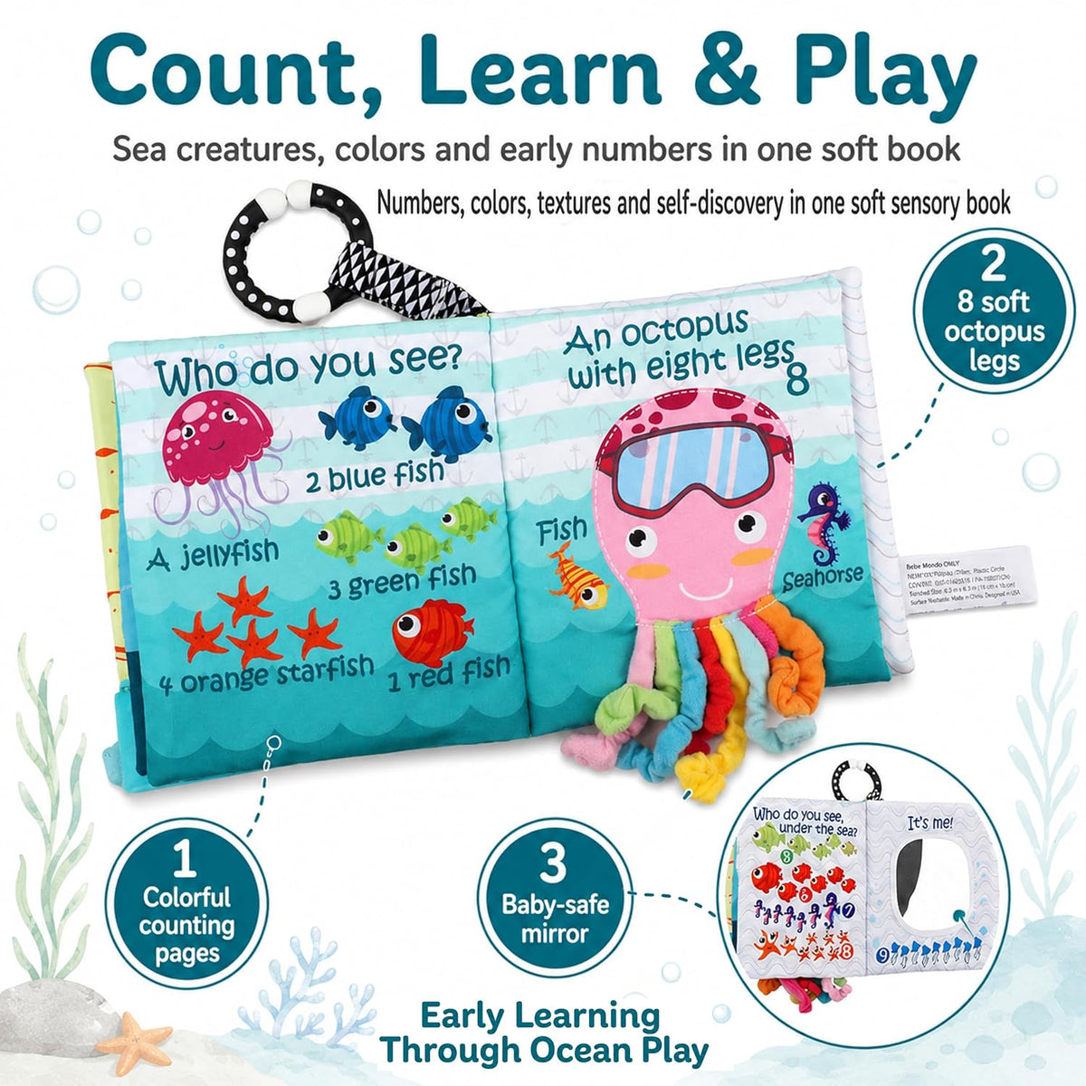 Fish Baby Crinkle Books con juguete de dentición de peces 3D para b...