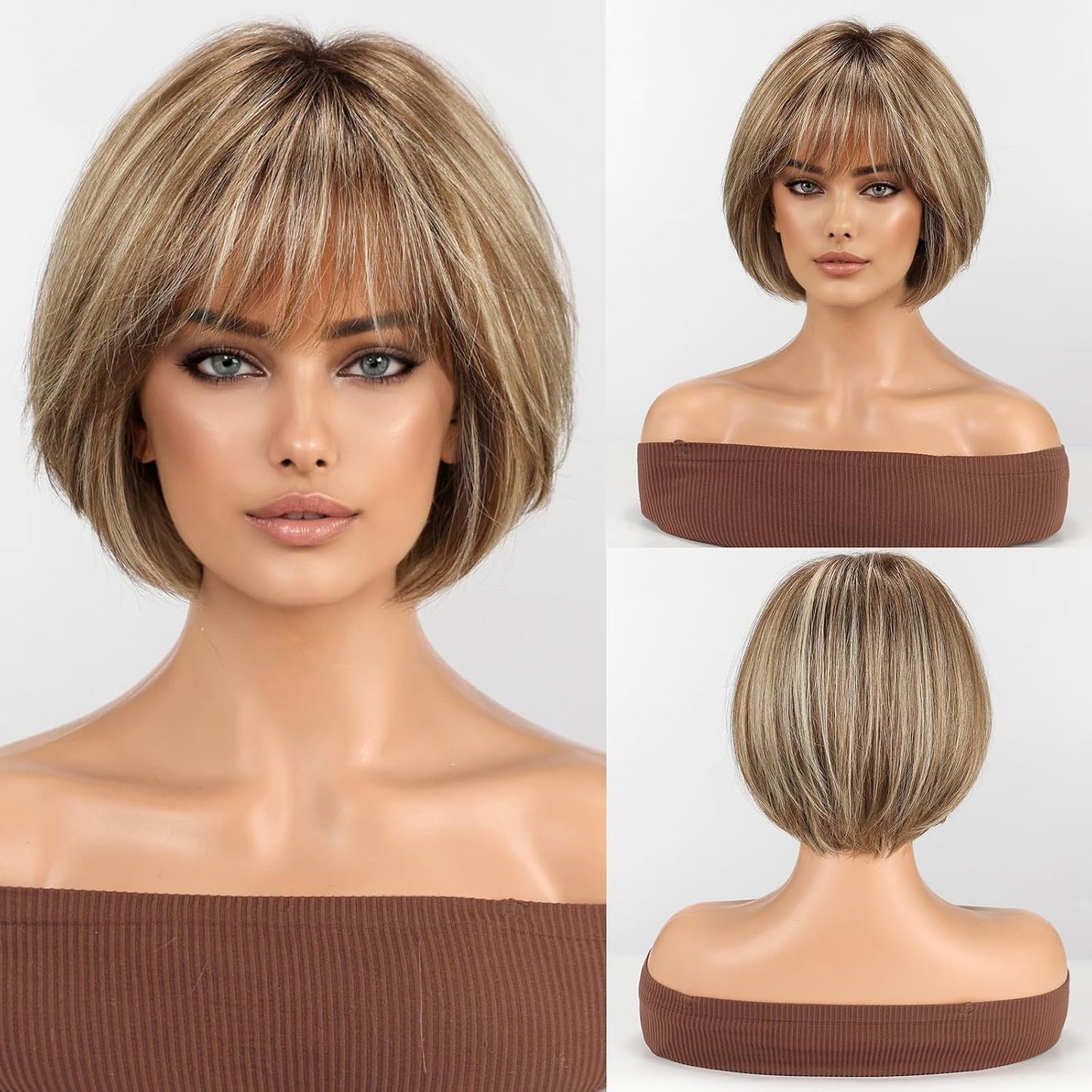 RSY Peluca Bob de 10.8 pulgadas de mezcla de cabello humano con fib...