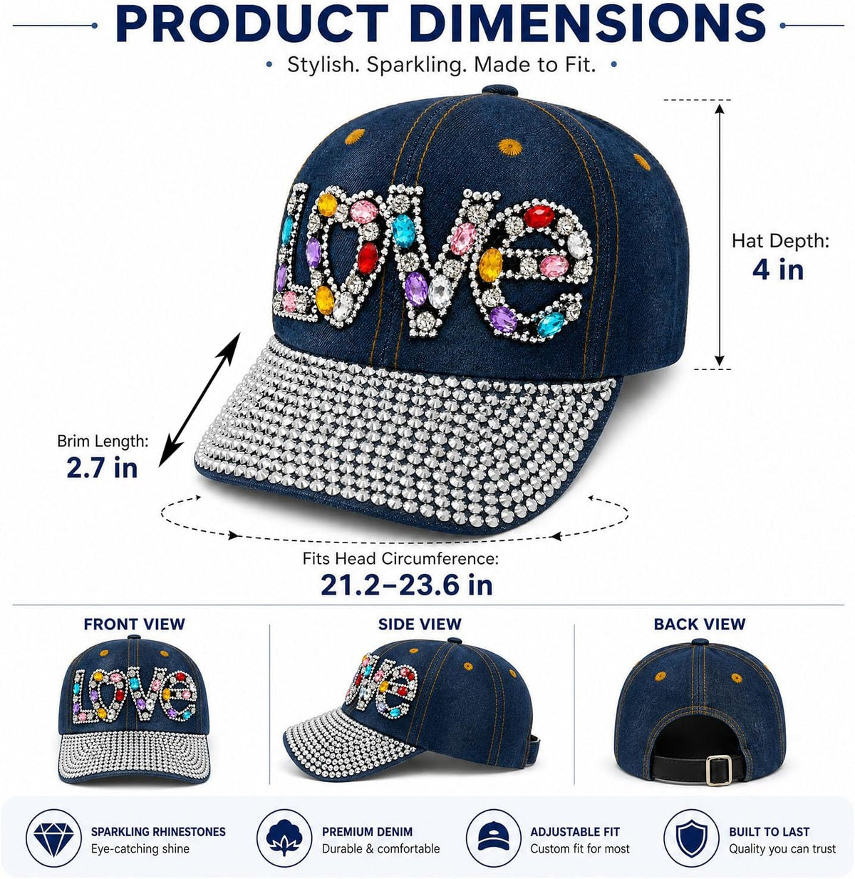 Gorra de béisbol brillante con diamantes de imitación, malla ajusta...