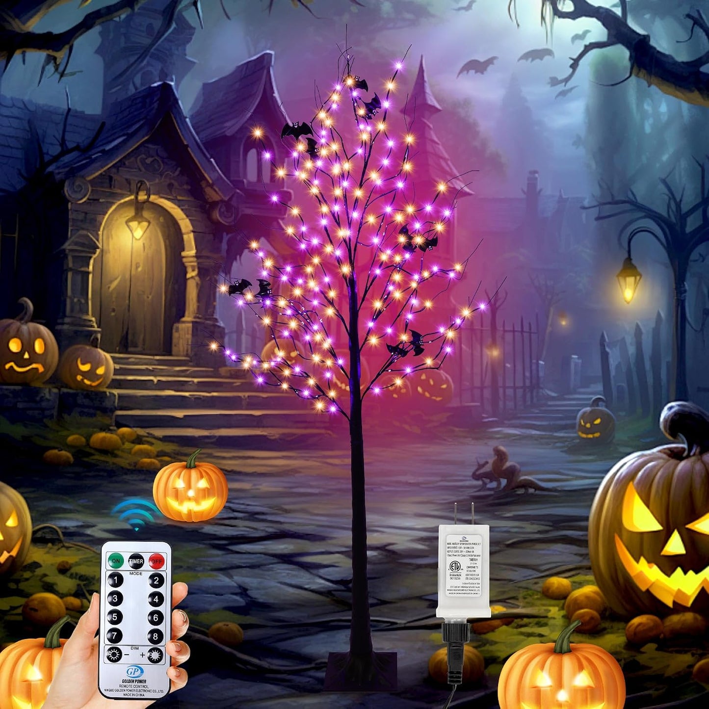 Árbol iluminado de Halloween con 260 luces LED, árbol de Halloween...