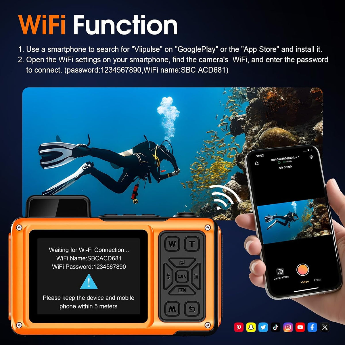 8K cámara subacuática WiFi 90MP 50FT táctil impermeable cámara 32GB...