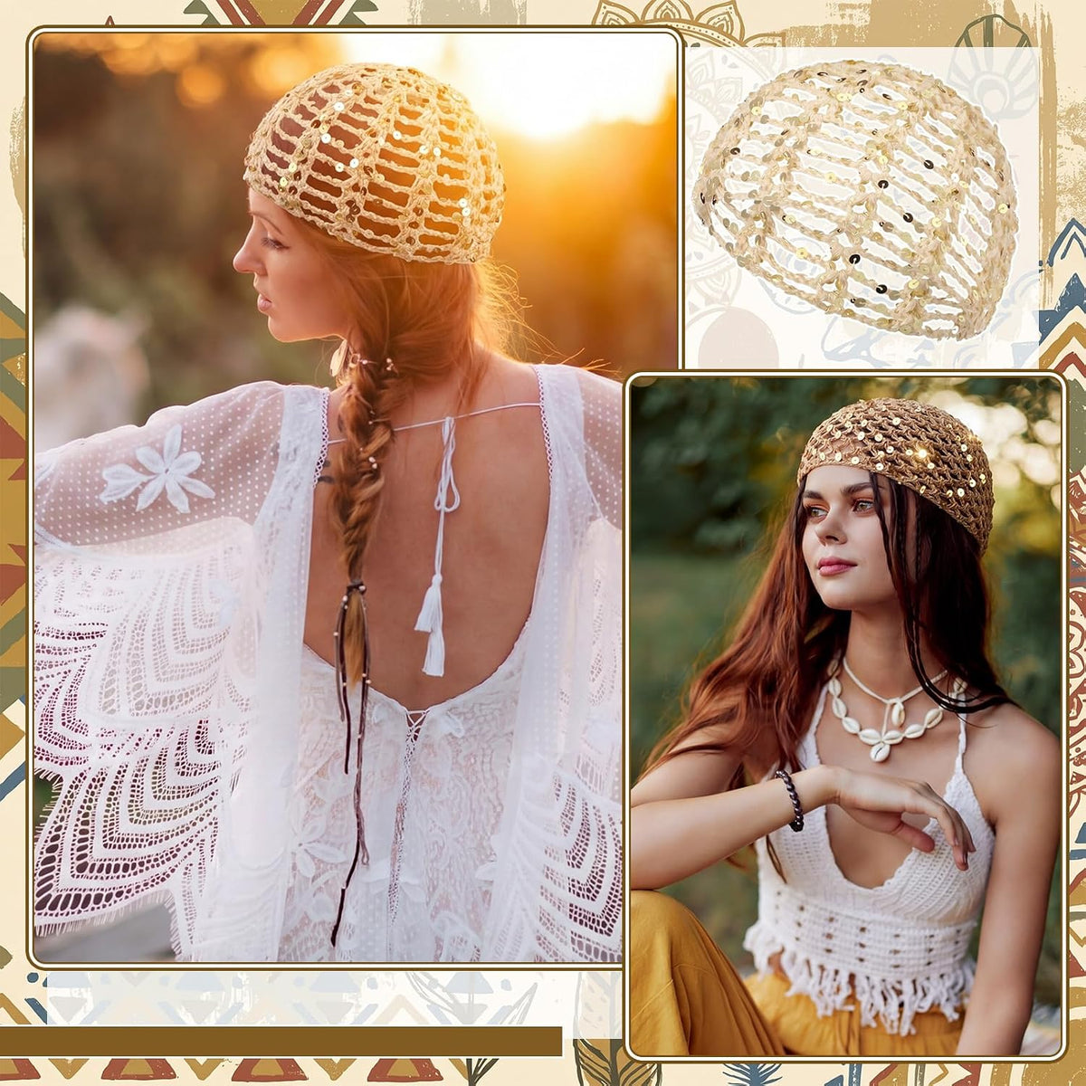Cuffbow Gorro de ganchillo con lentejuelas brillantes, estilo bohem...