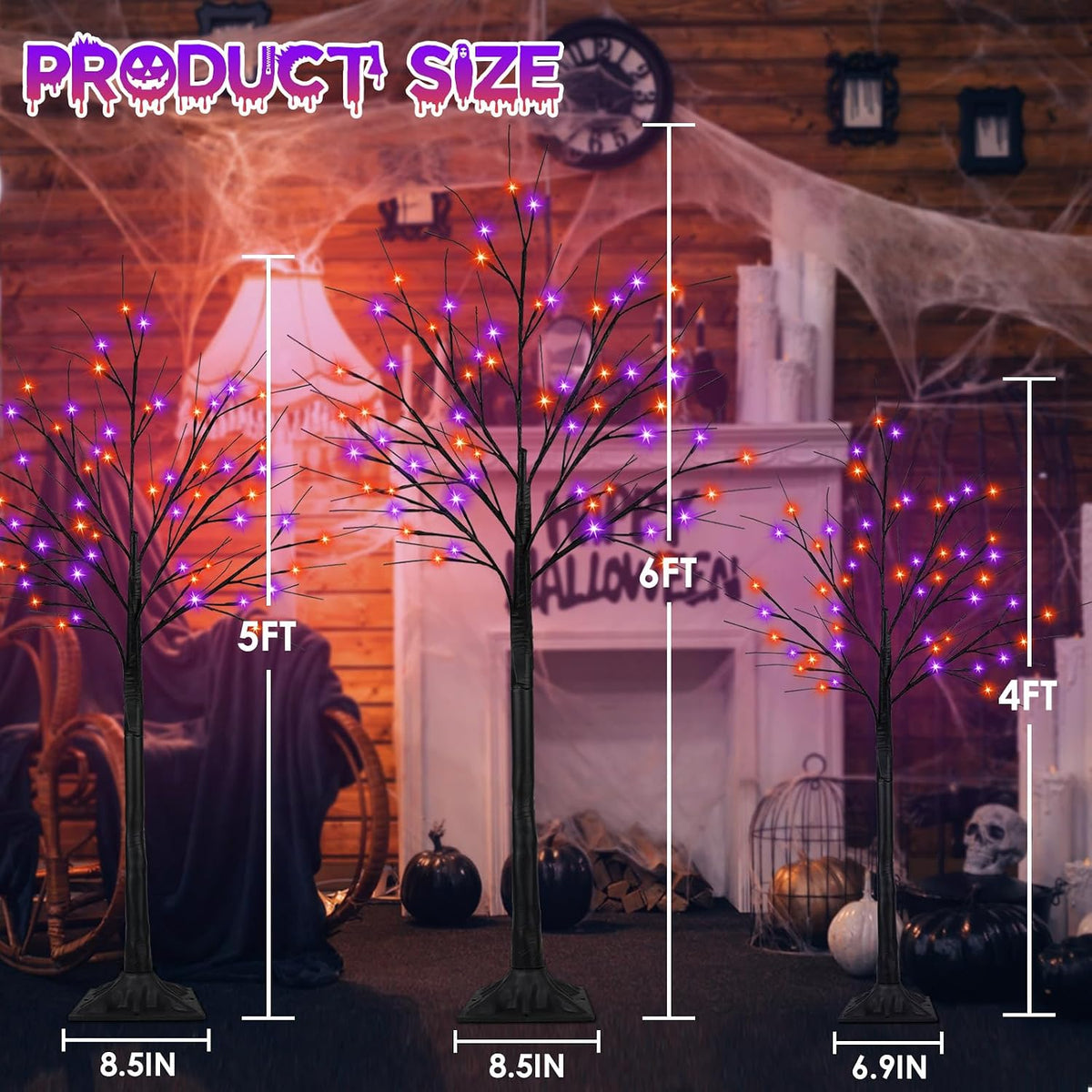 Paquete de 3 árboles de Halloween negros iluminados de 4 pies, 5 pi...
