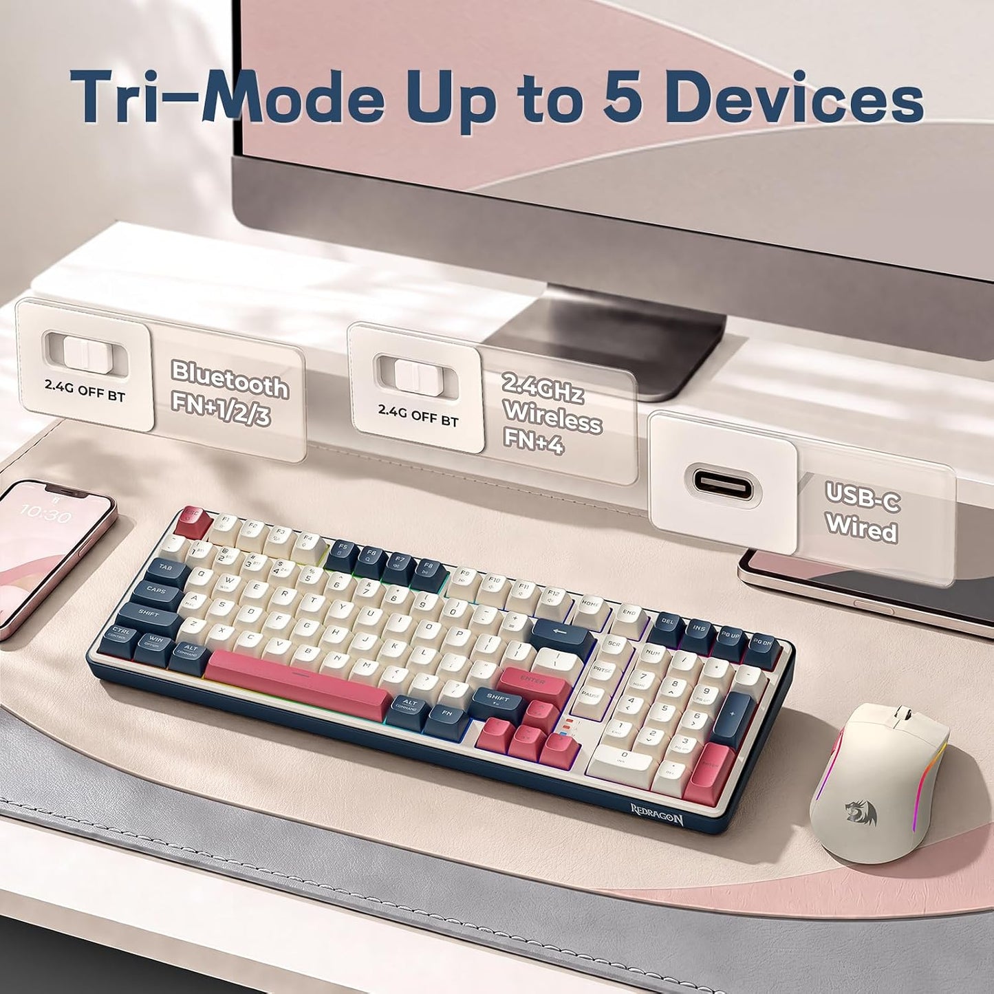 Redragon S174 - Teclado y mouse inalámbrico para juegos con tres mo...