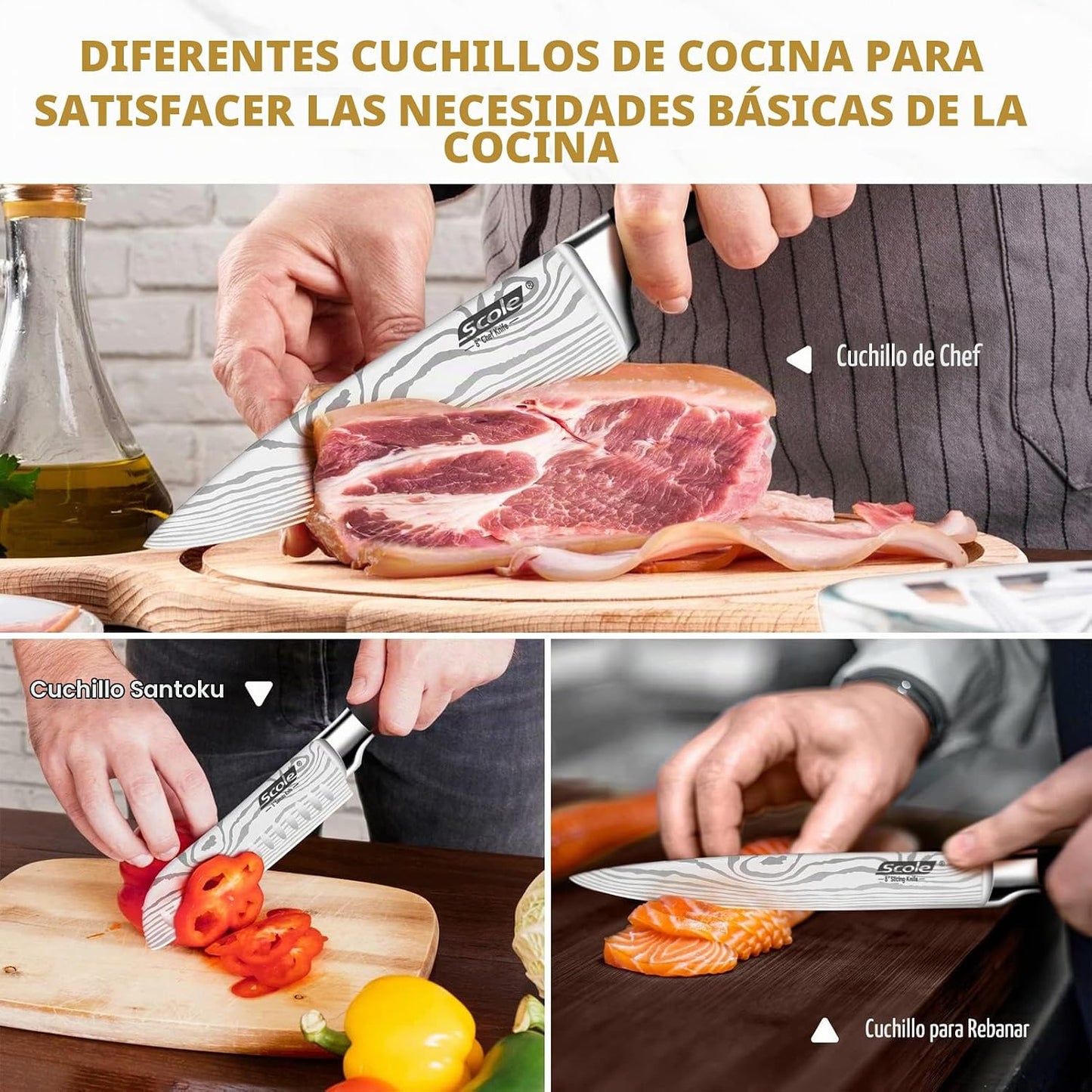 SCOLE® Juego de cuchillos de cocina ultra afilados de acero inoxida...