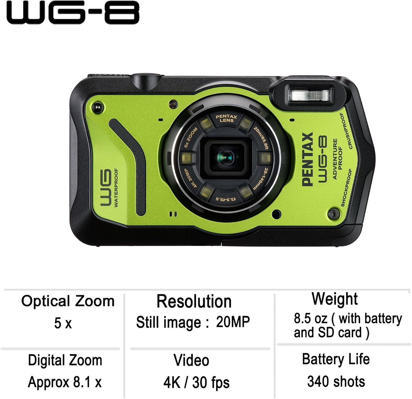 PENTAX WG-8 - Cámara de aventura verde para todo tipo de clima, con...