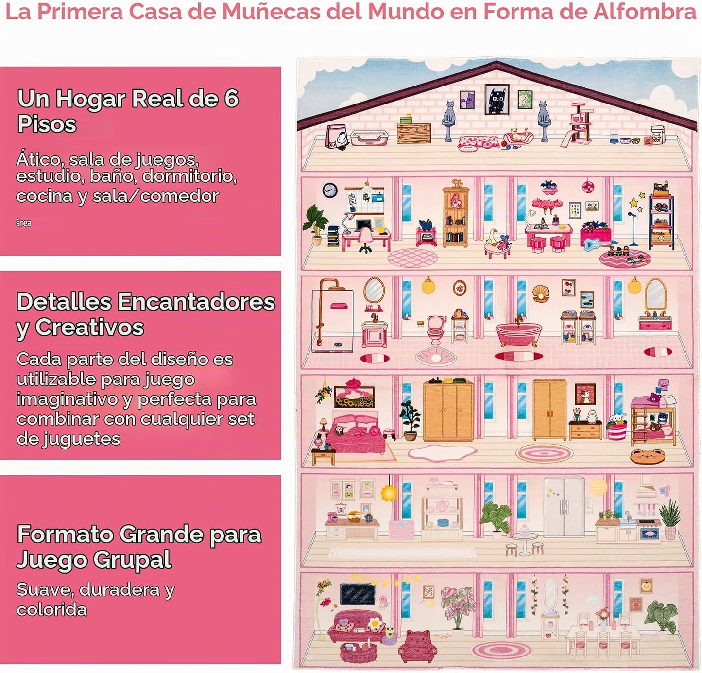 Rug&amp;Play Alfombra de juego de casa de muñecas rosa ultra suave...