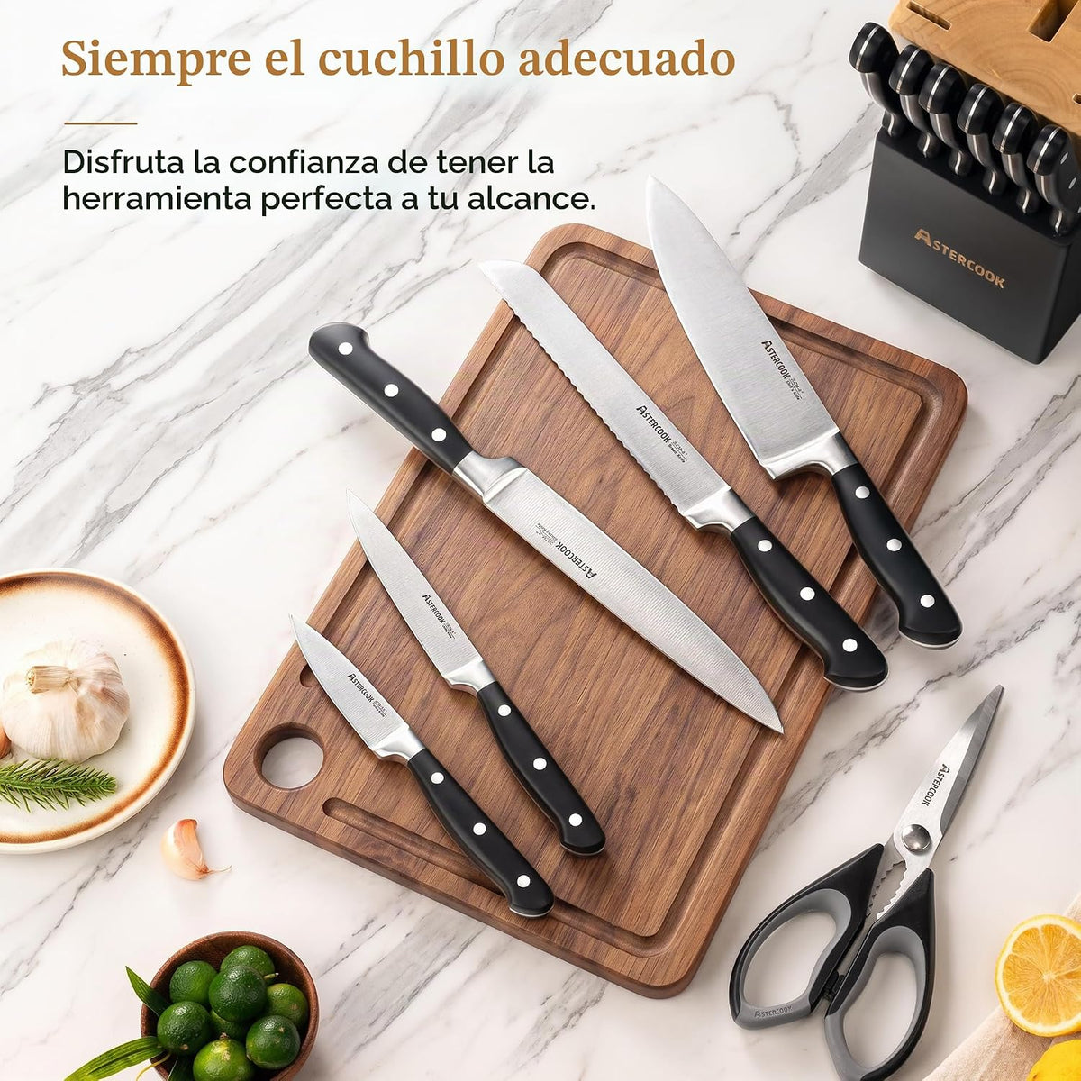 Astercook Juego de cuchillos de cocina de espiga completa con bloqu...