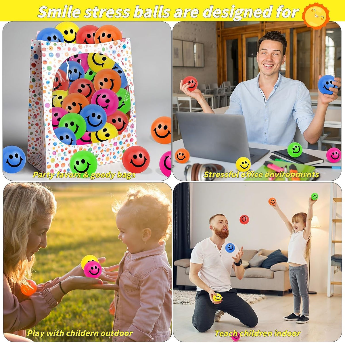 Paquete de 60 bolas de estrés con cara sonriente. Bolas antiestrés...