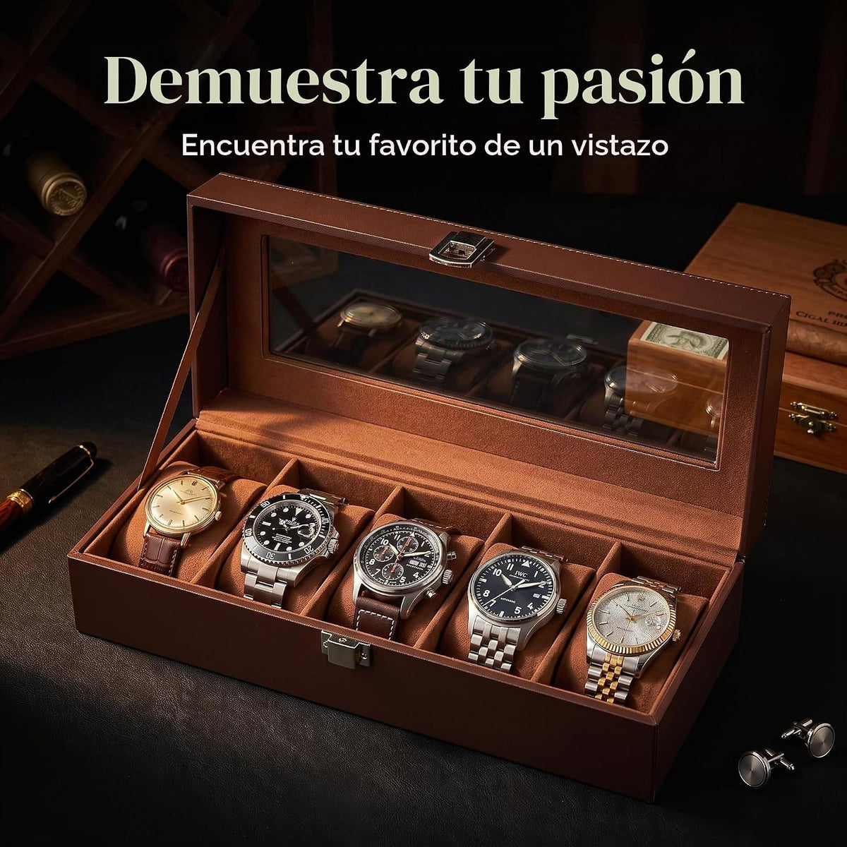 AMZGO® Caja de reloj para hombres, tapa de cristal de exhibición de...