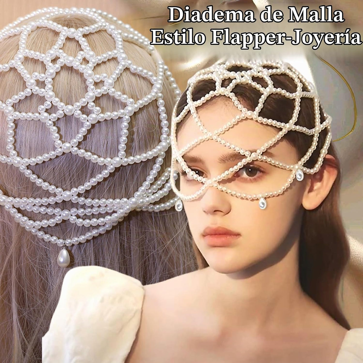 NAISKA Cadena de cabeza de perlas de malla de los años 20, tocados...