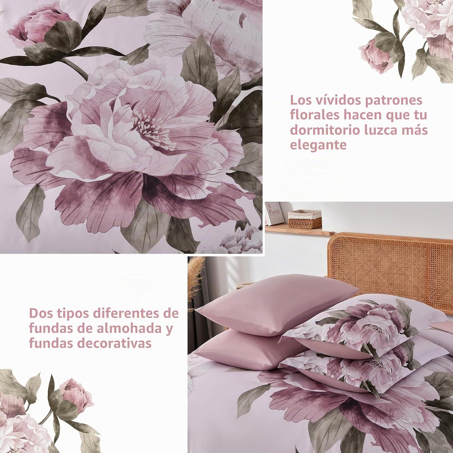 Dobuyly Juego de edredón rosa tamaño completo de 7 piezas cama en u...