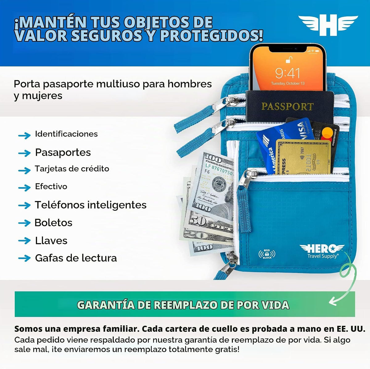 HERO - Cartera para el cuello - Soporte para pasaporte con bloqueo...
