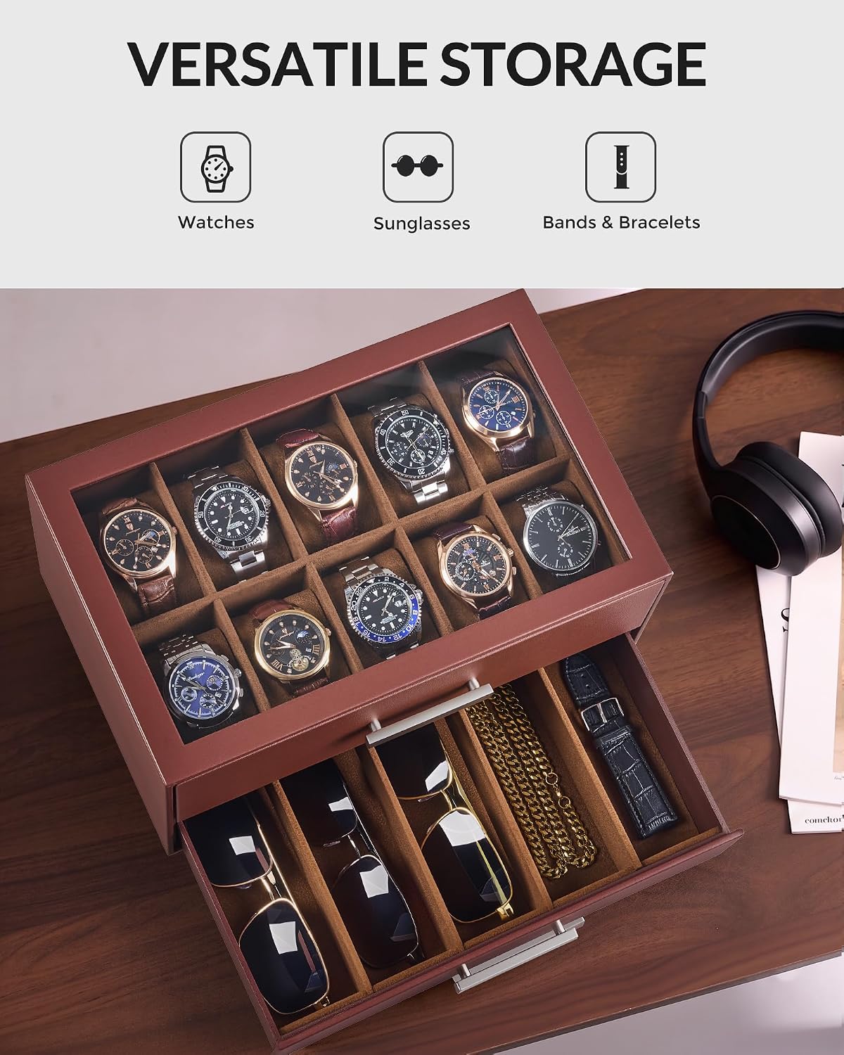 ProCase Caja de reloj de 10 ranuras para hombre, caja de gafas de s...