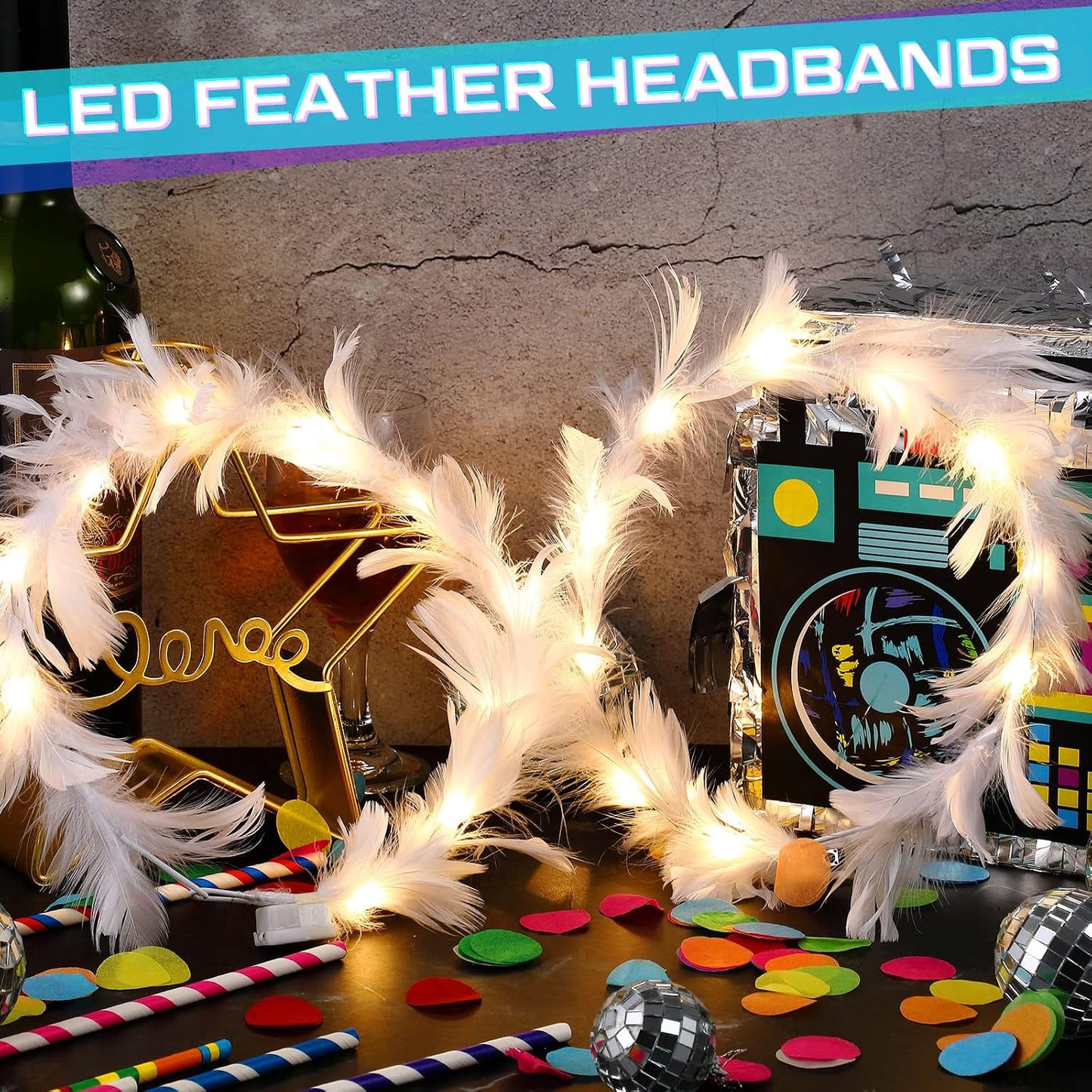 Taiyin - 100 diademas de corona de plumas LED para boda, color blan...