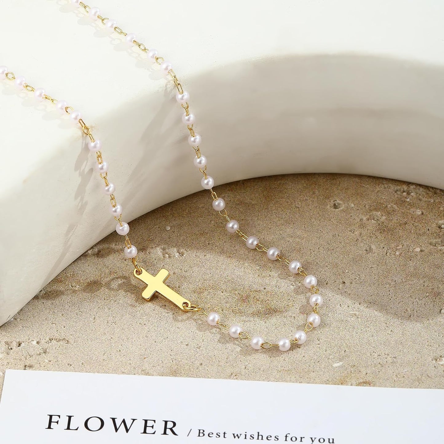 VIROMY Collar de Perlas en Capas con Cruz Dorada para Mujeres - Col...