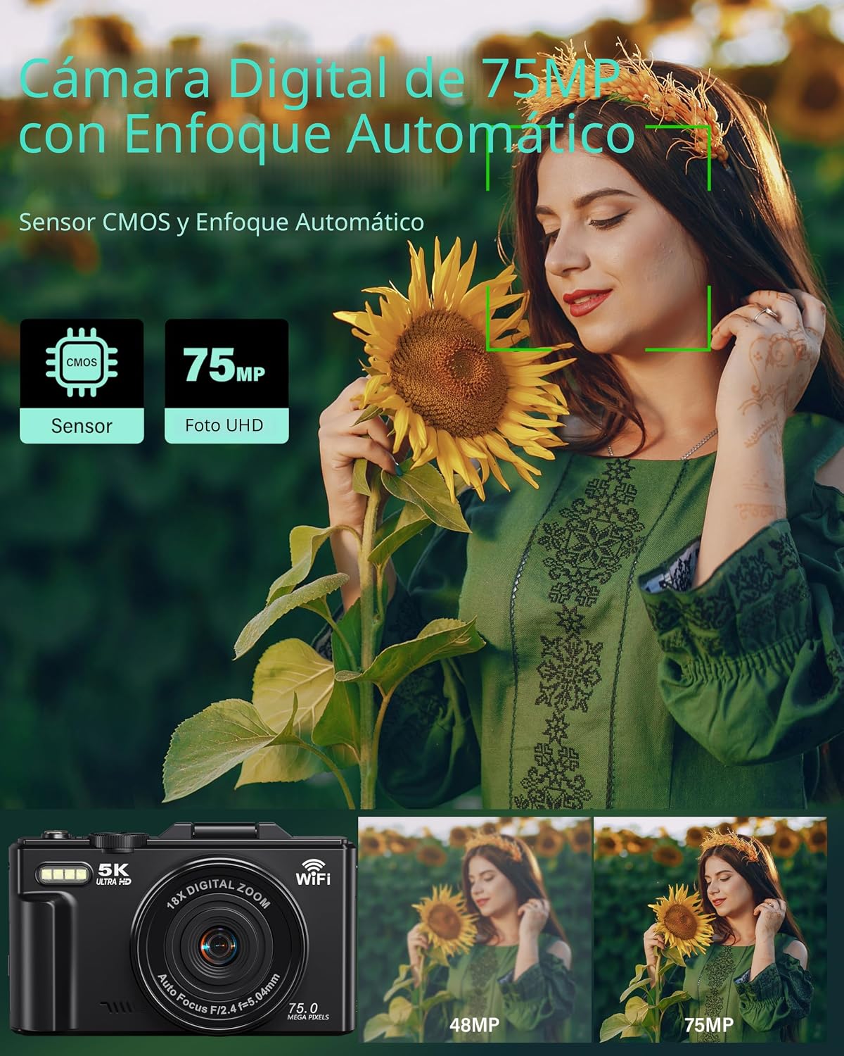 Cámara digital Cámaras WiFi 5K para fotografía 75MP UHD Autofocus V...