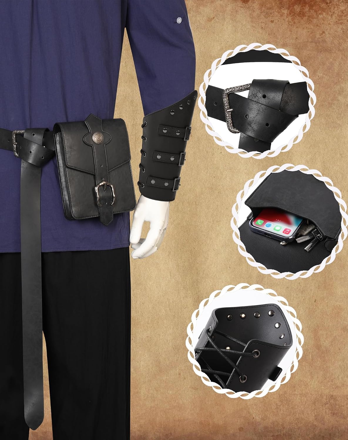 Berenlu 3 accesorios renacentistas, cinturón vikingo, bolsa medieva...