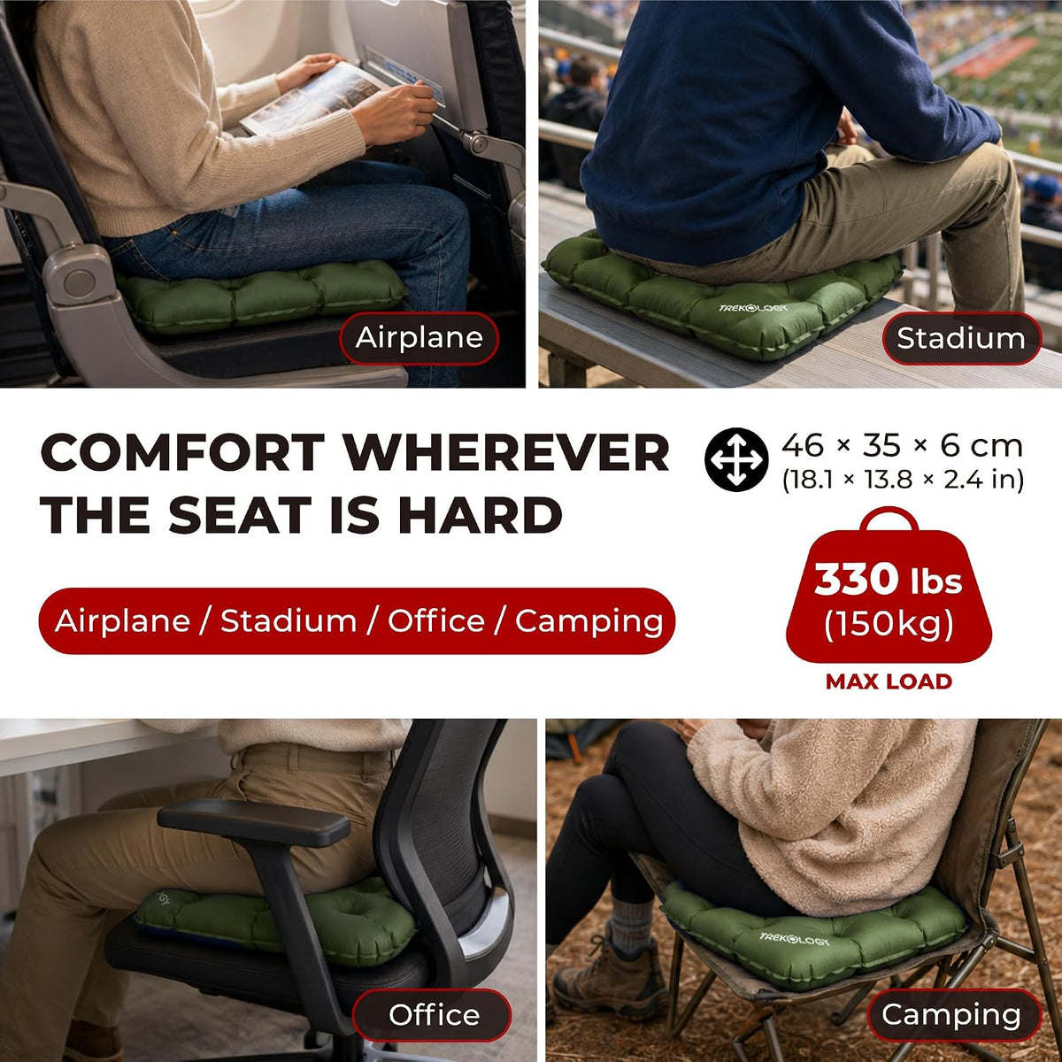TREKOLOGY Cojín inflable para asiento de estadio para viajes aéreos...