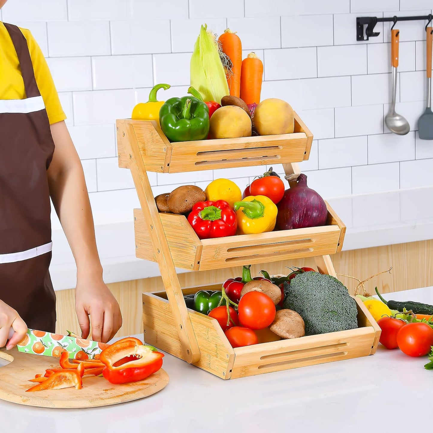 VIKEYHOME Cesta de Frutas, Cesta de Bambú de 3 Niveles para Cocina,...