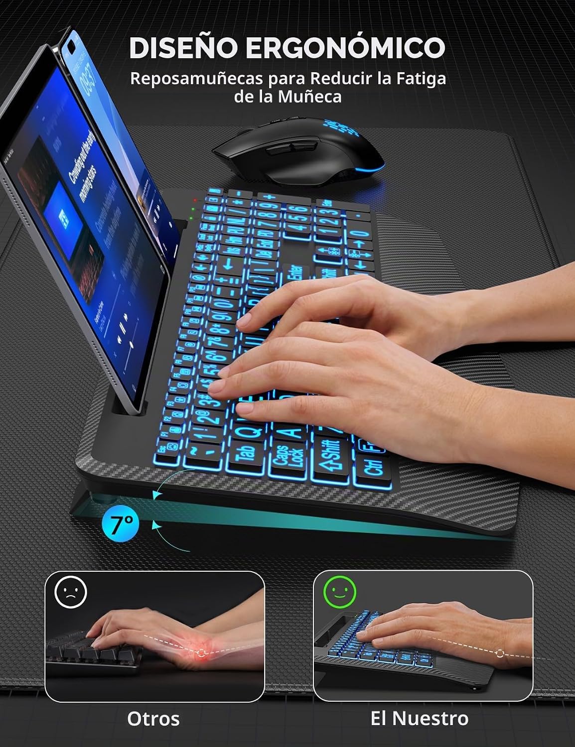 Teclado y ratón inalámbricos retroiluminados, reposamuñecas, ratón...