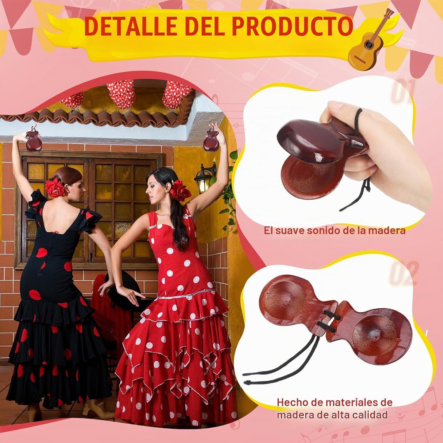 Motionchic Paquete de 2 castañuelas españolas de flamenco con cuerd...